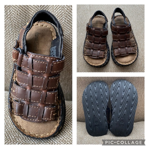 Little Boys Brown Open Toe Sandals with Velcro Closure. Woven Faux Leather. Sz 8 - Picture 1 of 10